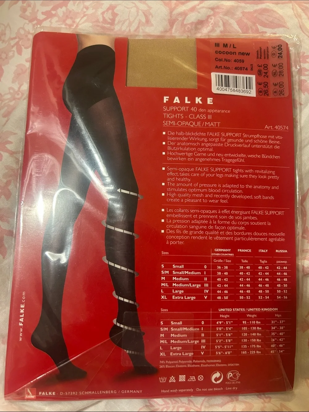 Falke Active Support 40 denier matte Tights in Cocoon (Neutral Nude) M/L NIB